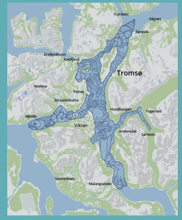 The sea troll drawn in blue ornament over the map of Tromsø