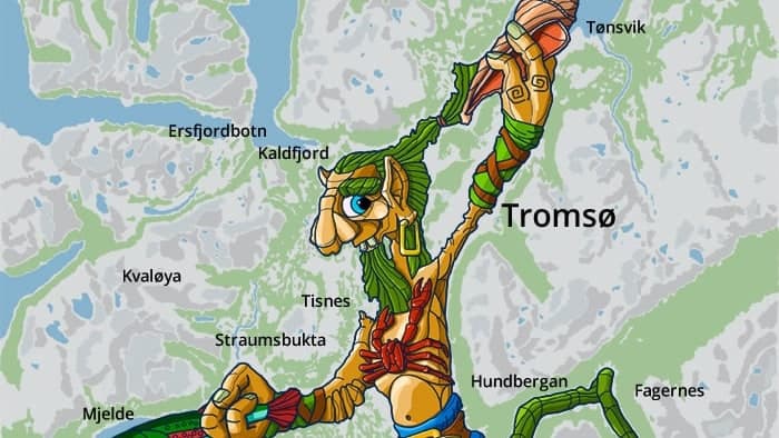 The original Sea Troll standing in the waterways on the map of Tromsø
