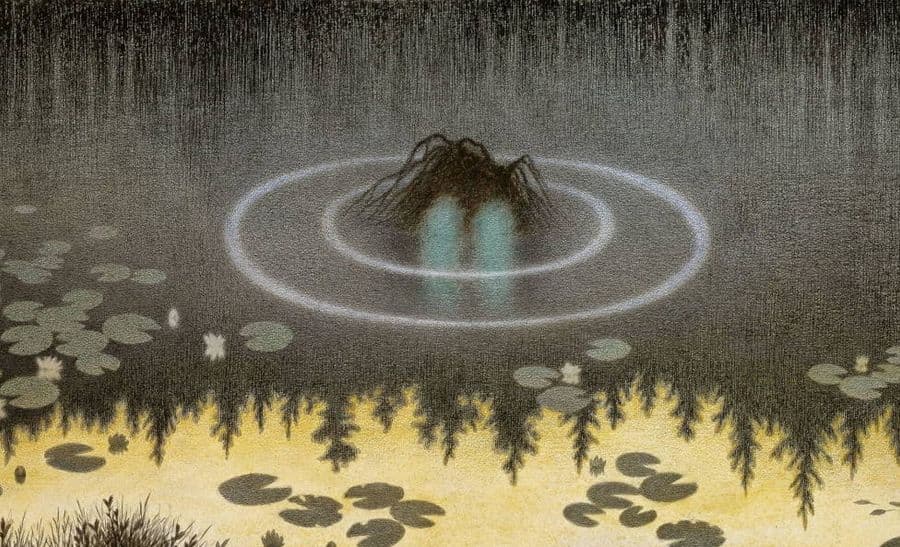 Nøkken rising from a dark forest pond