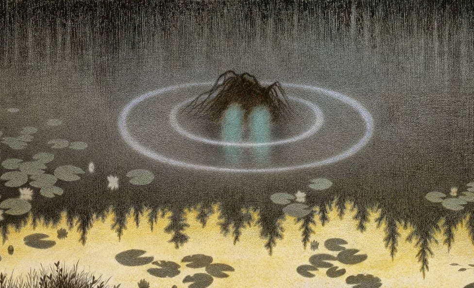 Nøkken rising from a dark forest pond