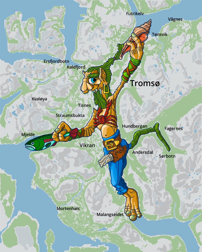 The Sea Troll hiding in the waterways on the map of Troms